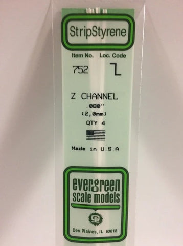 Evergreen 752 Z Channel .080" (2.0mm) Strips (4pcs)