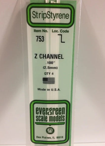 Evergreen 753 Z Channel .100" (2.5mm) Strips (4pcs)