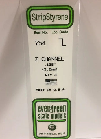 Evergreen 754 Z Channel .125" (3.2mm) Strips (3pcs)