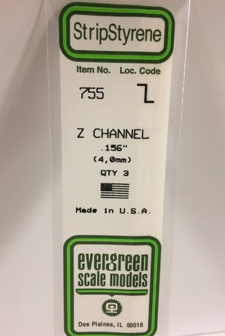 Evergreen 755 Z Channel .156" (4.0mm) Strips (3pcs)