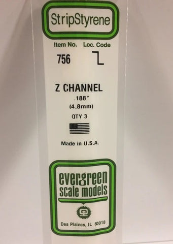 Evergreen 756 Z Channel .188" (4.8mm) Strips (3pcs)