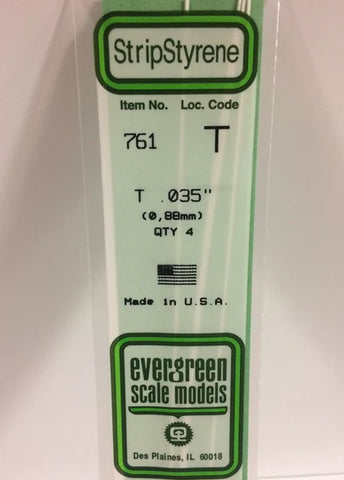 Evergreen 761 T Channel .035" (0.88mm) Strips (4pcs)
