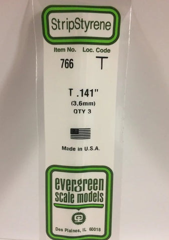 Evergreen 766 T Channel .141" (3.6mm) Strips (3pcs)