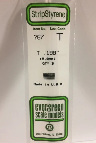 Evergreen 767 T Channel .198" (5.0mm) Strips (3pcs)