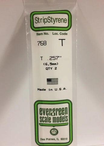 Evergreen 768 T Channel .257" (6.5mm) Strips (2pcs)