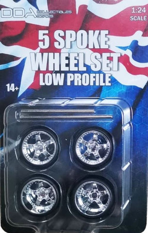 DDA Low Profile Chrome 5 Spoke Wheels w/Tyres and Axles - Set of 4 - 1:24