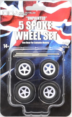 DDA 5 Spoke Unpainted Injected White Wheels w/Tyres and Axles - Set of 4 - 1:24