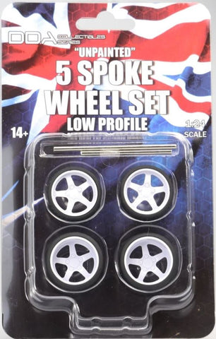 DDA Low Profile Unpainted Injected White 5 Spoke Wheels w/Tyres and Axles - Set of 4 - 1:24