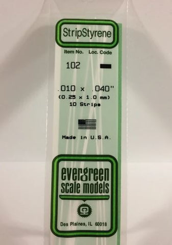 Evergreen 102 .010" x .040" (0.25 x 1.0mm) Strips (10pcs)