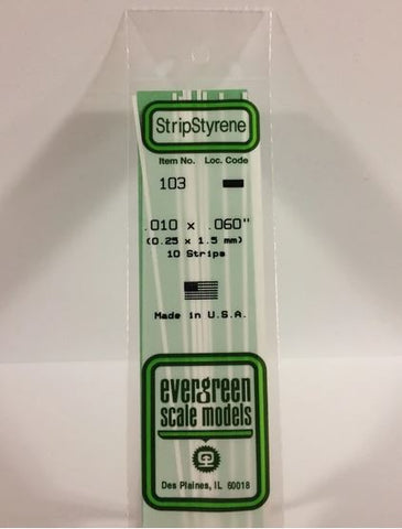 Evergreen 103 .010" x .060" (0.25 x 1.5mm) Strips (10pcs)