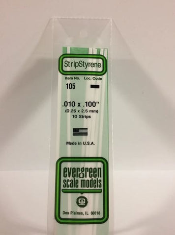 Evergreen 105 .010" x .100" (0.25 x 2.5mm) Strips (10pcs)