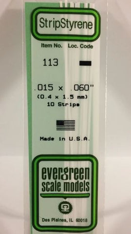Evergreen 113 .015" x .060" (0.38 x 1.5mm) Strips (10pcs)