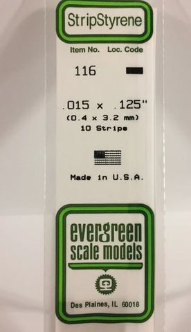 Evergreen 116 .015" x .125" (.38mm x 3.2mm) Strips (10pcs)