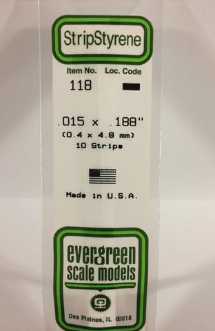 Evergreen 118 .015" x .188" (.38mm x 4.8mm) Strips (10pcs)