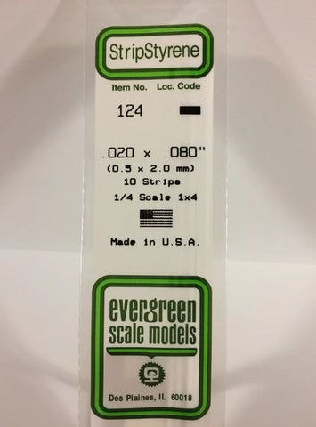 Evergreen 124 .020" x .080" (.5mm x 2.0mm) Strips (10pcs)