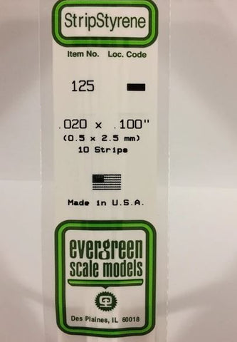 Evergreen 125 .020" x .100" (.51mm x 2.5mm) Strips (10pcs)