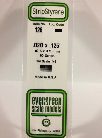Evergreen 126 .020" x .125" (.5mm x 3.2mm) Strips (10pcs)