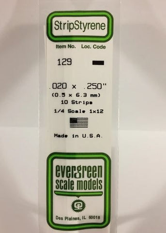 Evergreen 129 .020" x .250" (.5mm x 6.3mm) Strips (10pcs)
