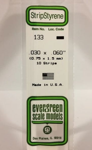 Evergreen 133 .030" x .060" (.75mm x 1.5mm) Strips (10pcs)