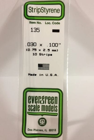 Evergreen 135 .030" x .100" (.75mm x 2.5mm) Strips (10pcs)