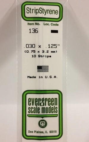 Evergreen 136 .030" x .125" (.75mm x 3.2mm) Strips (10pcs)