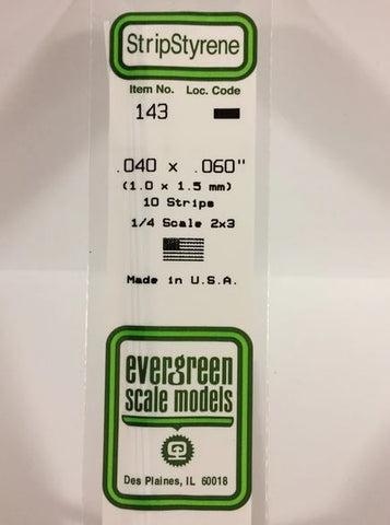 Evergreen 143 .040" x .060" (1mm x 1.5mm) Strips (10pcs)