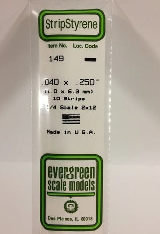 Evergreen 149 .040" x .250" (1mm x 6.3mm) Strips (10pcs)