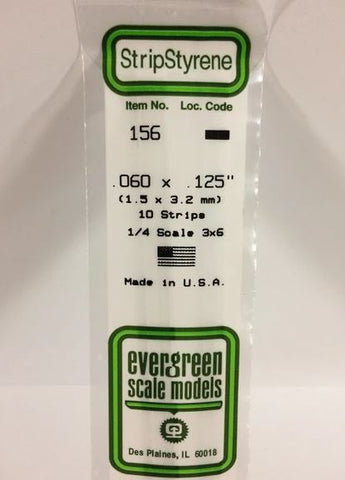 Evergreen 156 .060" x .125" (1.5mm x 3.2mm) Strips (10pcs)