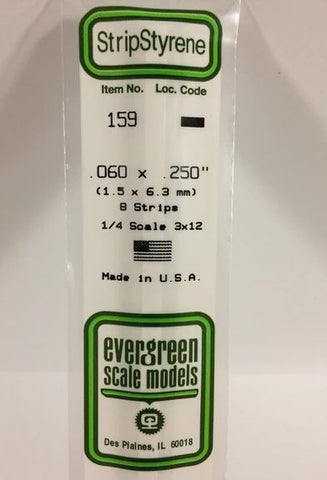 Evergreen 159 .060" x .250" (1.5mm x 6.3mm) Strips (8pcs)
