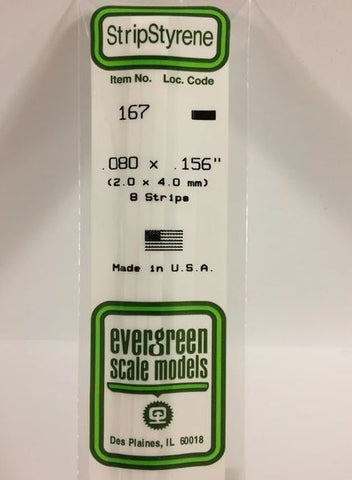 Evergreen 167 .080" x .156" (2mm x 4mm) Strips (8pcs)