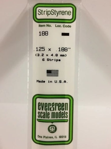 Evergreen 188 .125" x .188" (3.2mm x 4.8mm) Strips (6pcs)